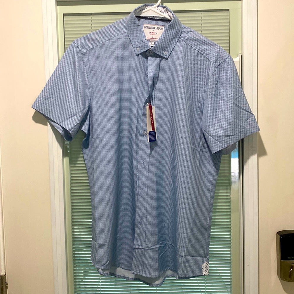 Men’s international report blue short sleeve shirt with 4way stretch